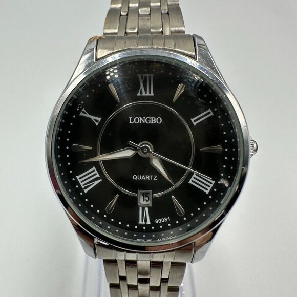 3/$30 Longbo Watch Men Silver Tone Black Dial Date Window 29MM New Battery 8” - Picture 1 of 12